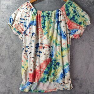 Style&Co Women PXL Plus Boho Festival Off Shoulder Tie Dye Multicolor Cotton Top